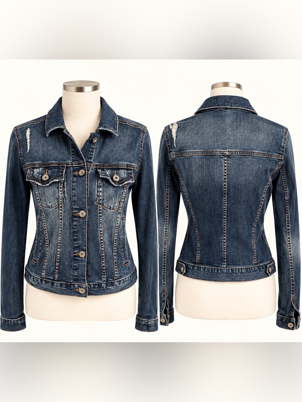 Rock & Republic Distressed Denim Jacket XS Blue Stretch Y2K Trucker
